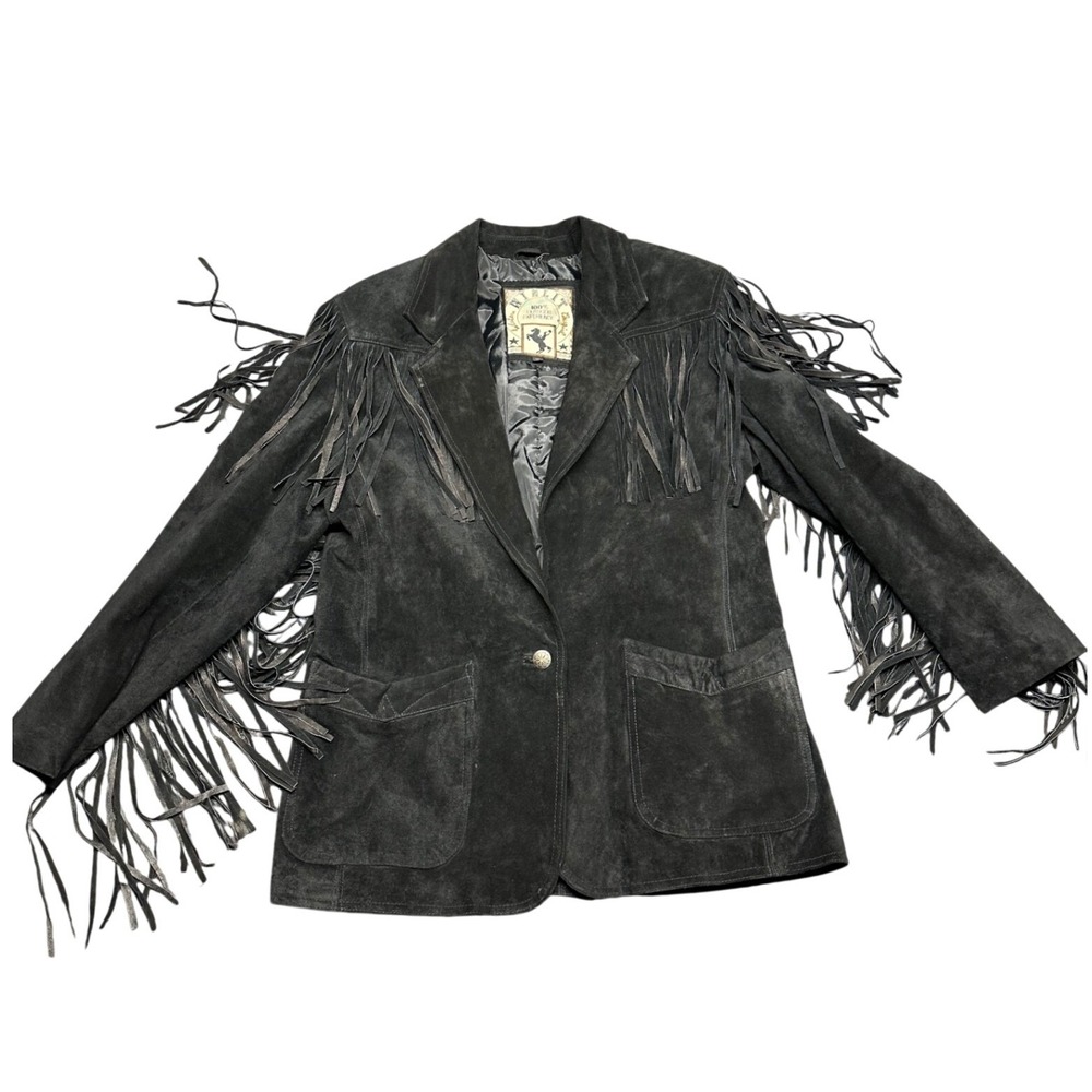 Vintage Black leather jacket fringe medium western cowgirl rodeo festival boho